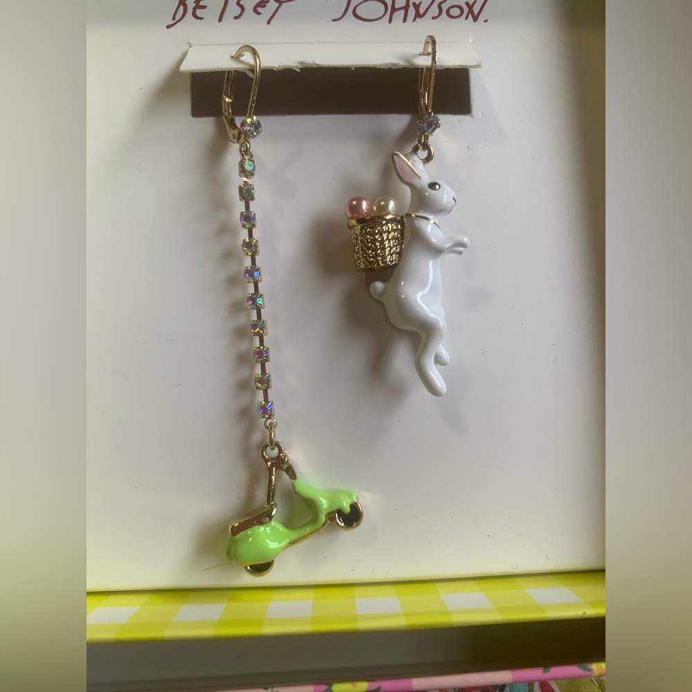 Betsy Johnson Easter Earrings Asymmetrical Moped Bunny Rabbit Charms
